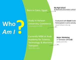 My High School
                                    Al Nokrashy Secondary school
           Born in Cairo, Egypt




       ?
            Study in Helwan          Graduated with Good Grade

Who         University, Commerce
            Graduated in 2009
                                     Participated in some activity
                                     www.helwan.edu.eg



Am I        Currently MBA at Arab      Major: Marketing
            Academy for Science,       1st Semester GPA 3.82
                                       www.aast.edu
            Technology & Maritime
            Transport
            Mid 2013 class
 