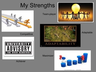 My Strengths
                 Team-player




                               Adaptable
   Competitive




                 Maximizer

Achiever
 