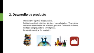 2. Desarrollo de producto
Planeación y logística de actividades.
Establecimiento de objetivos técnicos / mercadológicos / financieros.
Desarrollo experimental del producto /procesos / métodos analíticos.
Contacto con proveedores a nivel global.
Desarrollo industrial del producto.

 