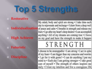    Restorative

   Individualization

   High Achiever

   Futuristic

   Discipline
 