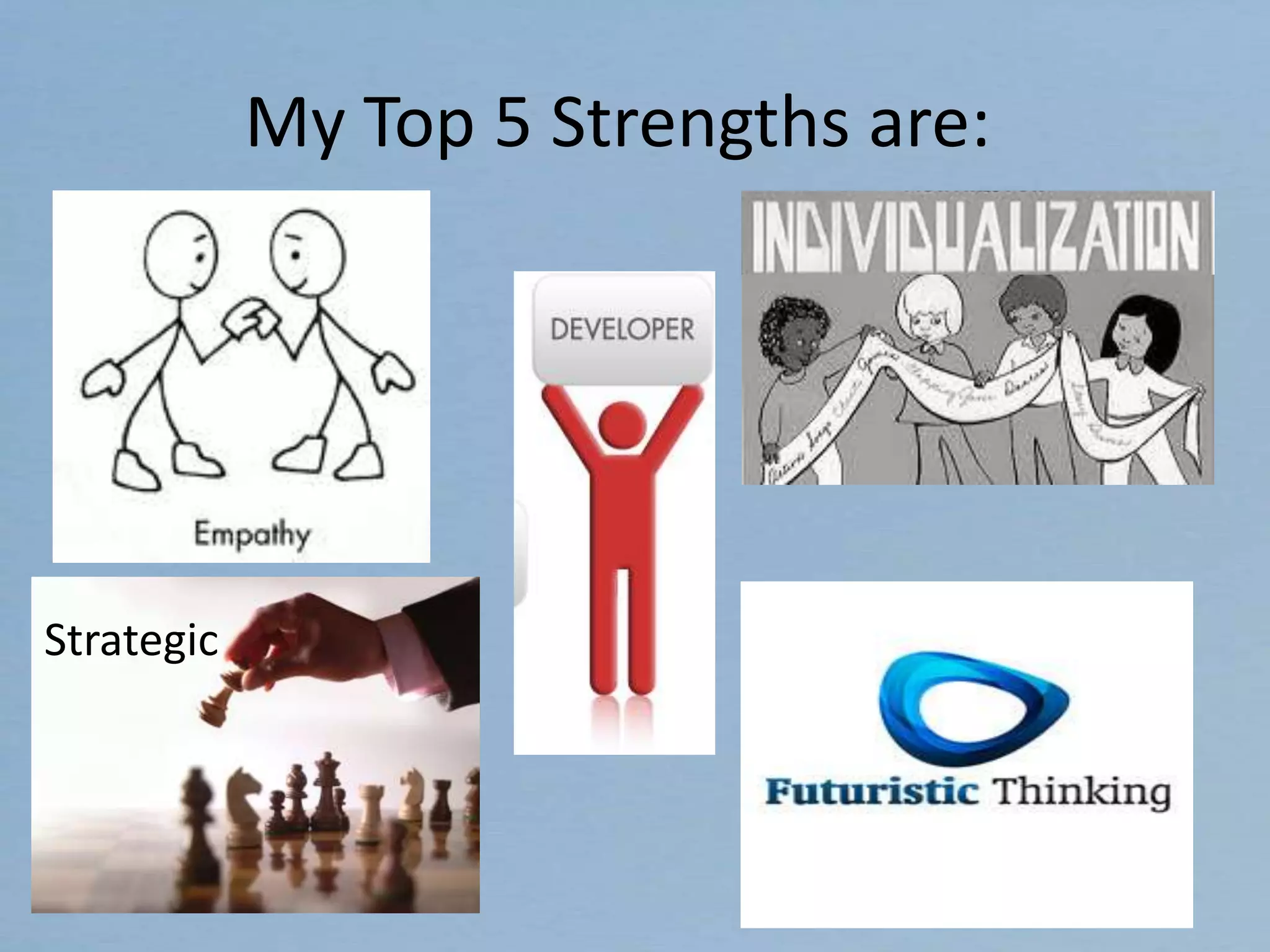 My Top 5 Strengths are:
Strategic