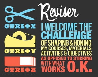 Reviser
I welcome the
CHALLENGE
of shaping & honing
MY COURSES, MATERIALS
activities & objectives
AS OPPOSED TO STICKING
with what
WORKS       O.K.
 