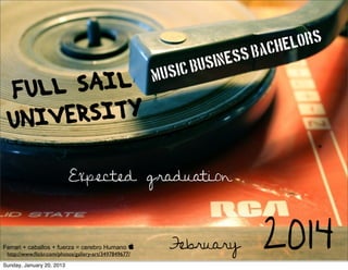 che lors
                                                                sine   ss Ba
                                                       Music Bu
 FULL SAIL
 UNIV ERSITY

                           Expected graduation



Ferrari + caballos + fuerza = cerebro Humano 
 http://www.ﬂickr.com/photos/gallery-art/3497849677/
Sunday, January 20, 2013
                                                         February         2014
 