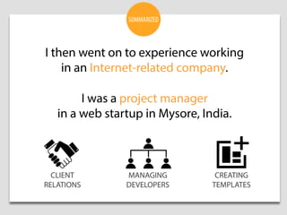I then went on to experience working
in an Internet-related company.
I was a project manager
in a web startup in Mysore, I...