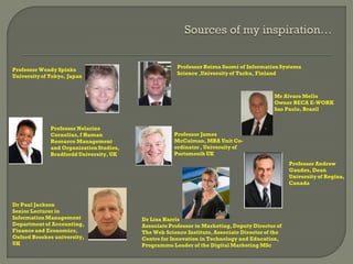 Dr Lisa Harris
Associate Professor in Marketing, Deputy Director of
The Web Science Institute, Associate Director of the
Centre for Innovation in Technology and Education,
Programme Leader of the Digital Marketing MSc
Dr Paul Jackson
Senior Lecturer in
Information Management
Department of Accounting,
Finance and Economics,
Oxford Brookes university,
UK
Mr Alvaro Mello
Owner BECA E-WORK
Sao Paolo, Brazil
Professor Wendy Spinks
Universityof Tokyo, Japan
Professor James
McCalman, MBA Unit Co-
ordinator , University of
Portsmouth UK
Professor Reima Suomi of Information Systems
Science ,University of Turku, Finland
Professor Nelarine
Cornelius, f Human
Resource Management
and OrganizationStudies,
Bradfordd University, UK
Professor Andrew
Gaudes, Dean
Universityof Regina,
Canada
 