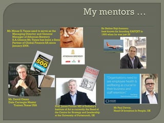 Mr.Minas G.Tanes used to serve as the
Managing Director and General
Manager of Athenian Brewery
S.A.Greece Mr.Tanes has been a Senior
Partner of Global Finance SA since
January 2006.
Sir Stelios Haji-Ioannou:
best known for founding EASYJET in
1995 when he was just 28
Mr.David Green
Dale Carnegie Master
Trainer,Texas USA Prof. James Former MD of Sotheby's
Institute of Art is currently the Head of
the Centre for Strategy and Leadership
at the University of Portsmouth, UK
Mr Paul Devoy,
Head Of Investors In People, UK
 