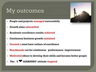  People and projects managed successfully
 Growth aims outreached
 Academic excellence results achieved
 Continuous business growth sustained
 Created a must have culture of excellence
 Benchmarks set for continuous performance improvement
 Motivated others to develop their skills and become better people
 The ‘I LEARNING’ attitude inspired
 