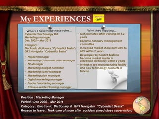 My EXPERIENCES
Cyberdict Technology Ltd.,
Marketing manager,
Dec 2005 – Mar 2011
Category :
Electronic dictionary “Cyberdict Besta”/
GPS Navigator “Cyberdict Besta”
• Project manager
• Marketing Communication Manager
• PR Manager
• Marketing budget controller
• Marketing Event Manager
• Marketing plan manager
• Digital marketing manager
• Product marketing manager
• Chinese-related training manager
• Got promoted after working for 1.2
years
• Became honorary management
committee
• Increased market share from 40% to
60% within 2 years
• Developed Cyberdict Besta to
become market leader in
electronic dictionary within 2 years
• Invited to see manufacturing facility
and new technology products in
Taiwan
Position : Marketing Manager
Period : Dec 2005 – Mar 2011
Category : Electronic Dictionary & GPS Navigator “Cyberdict Besta”
Reason to leave : Took care of mom after accident (need close supervision)
 