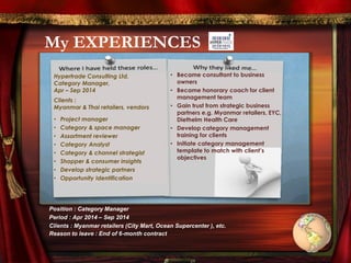 My EXPERIENCES
Hypertrade Consulting Ltd.
Category Manager,
Apr – Sep 2014
Clients :
Myanmar & Thai retailers, vendors
• Project manager
• Category & space manager
• Assortment reviewer
• Category Analyst
• Category & channel strategist
• Shopper & consumer insights
• Develop strategic partners
• Opportunity Identification
• Became consultant to business
owners
• Became honorary coach for client
management team
• Gain trust from strategic business
partners e.g. Myanmar retailers, EYC,
Diethelm Health Care
• Develop category management
training for clients
• Initiate category management
template to match with client’s
objectives
Position : Category Manager
Period : Apr 2014 – Sep 2014
Clients : Myanmar retailers (City Mart, Ocean Supercenter ), etc.
Reason to leave : End of 6-month contract
 