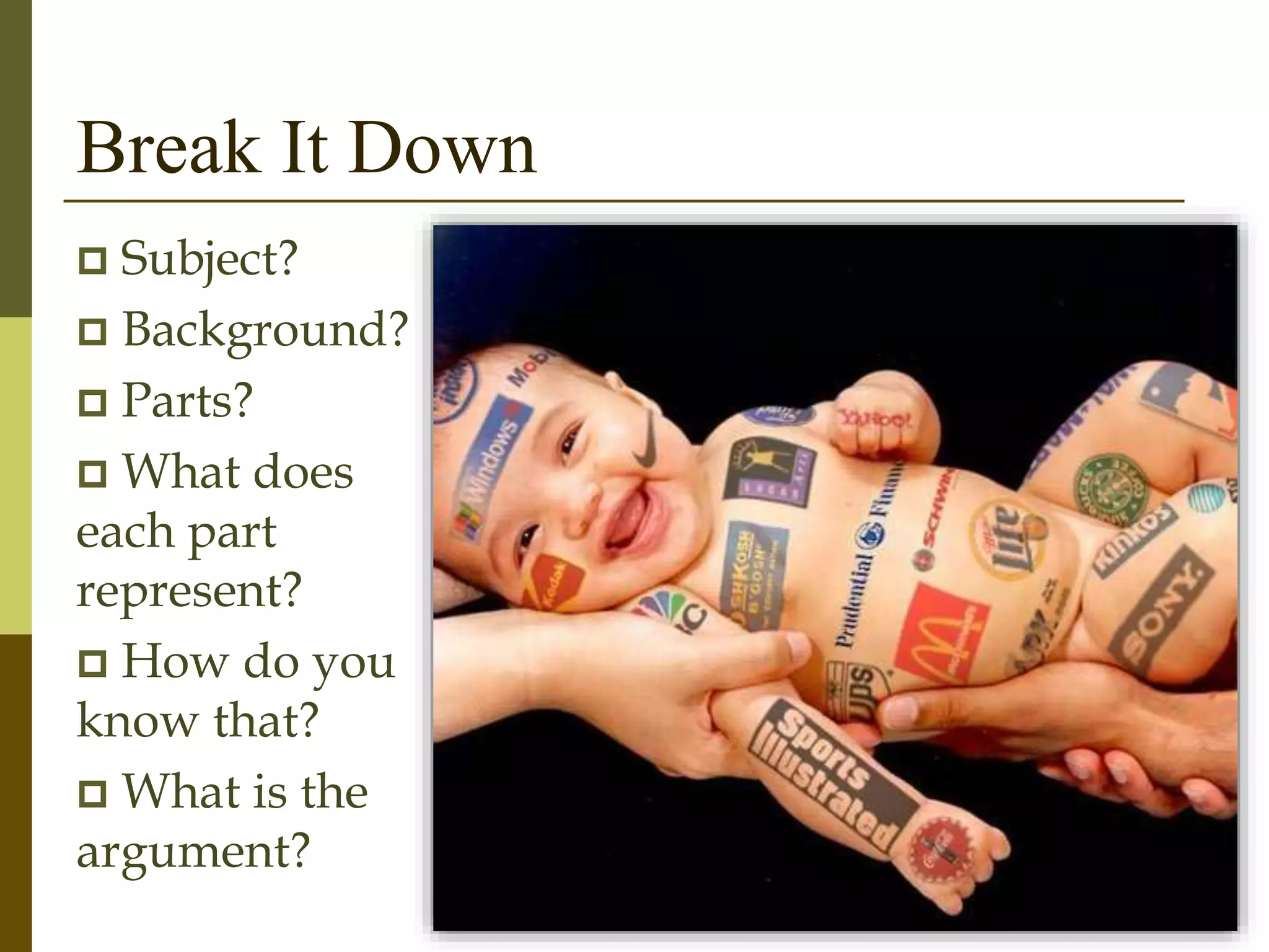 Break It Down
 Subject?
 Background?
 Parts?
 What does
each part
represent?
 How do you
know that?
 What is the
argument?
 