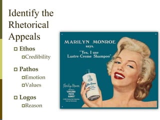 Identify the
Rhetorical
Appeals
 Ethos
Credibility
 Pathos
Emotion
Values
 Logos
Reason
 