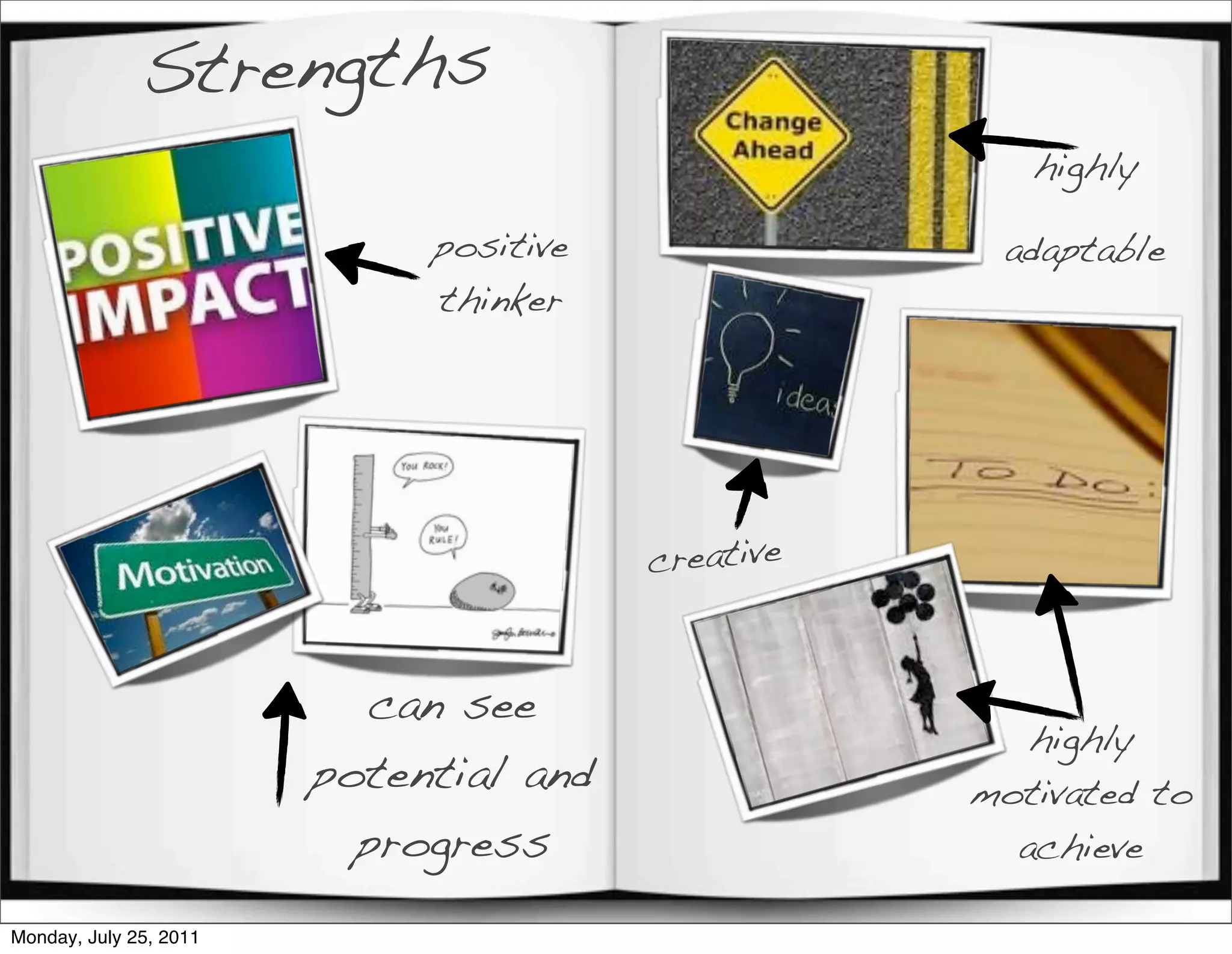 Strengths
                                                      highly

                             positive               adaptable
                             thinker




                                        creative


                           can see
                                                      highly
                        potential and              motivated to
                          progress                   achieve

Monday, July 25, 2011
 