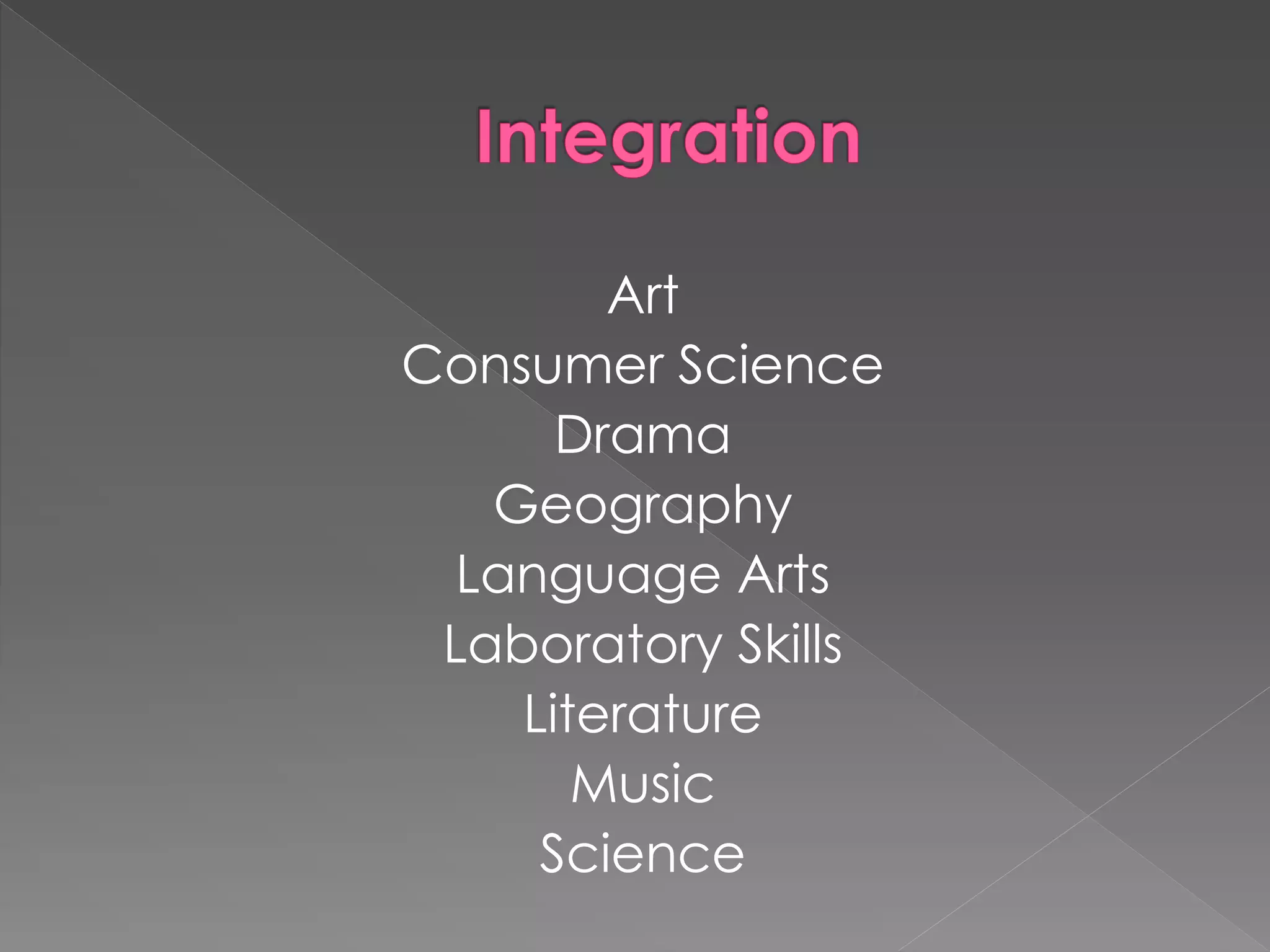 Art 
Consumer Science 
Drama 
Geography 
Language Arts 
Laboratory Skills 
Literature 
Music 
Science 
 