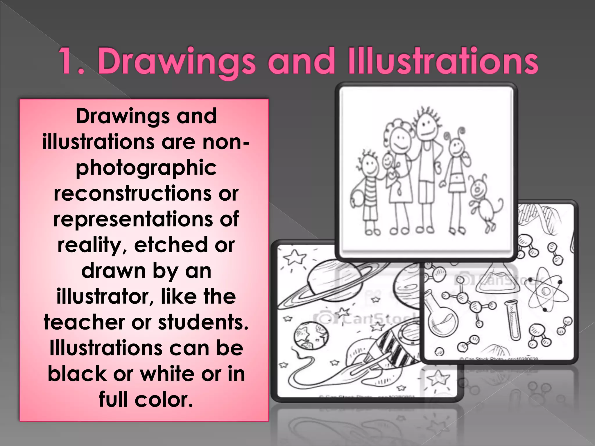 Drawings and 
illustrations are non-photographic 
reconstructions or 
representations of 
reality, etched or 
drawn by an 
illustrator, like the 
teacher or students. 
Illustrations can be 
black or white or in 
full color. 
 