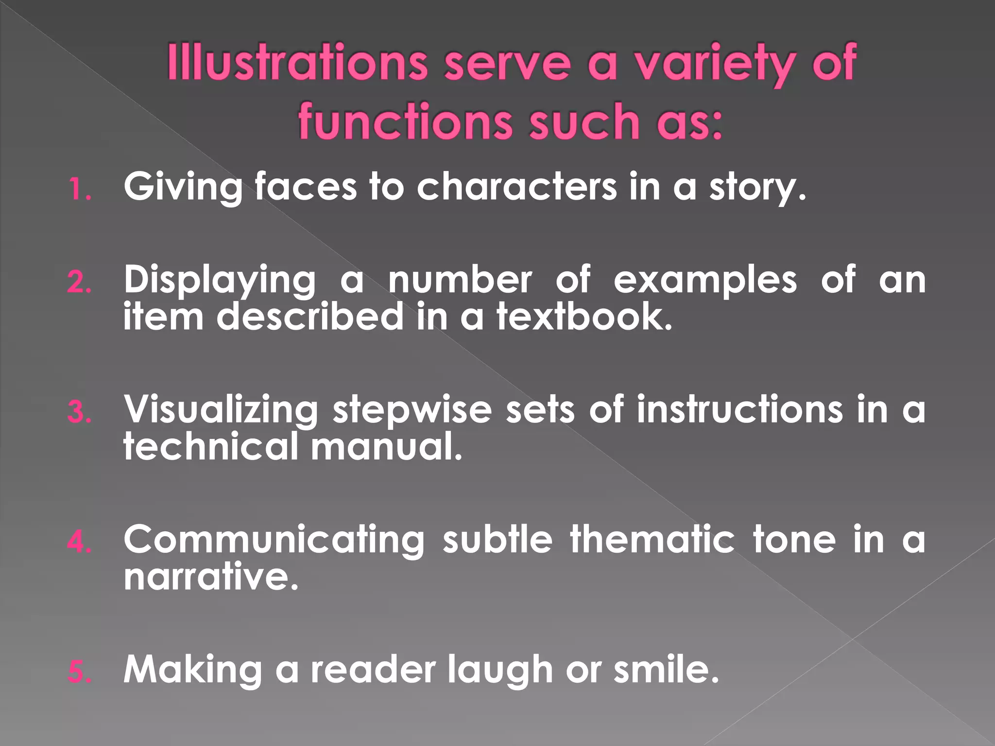 1. Giving faces to characters in a story. 
2. Displaying a number of examples of an 
item described in a textbook. 
3. Visualizing stepwise sets of instructions in a 
technical manual. 
4. Communicating subtle thematic tone in a 
narrative. 
5. Making a reader laugh or smile. 
 