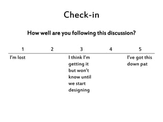 Check-in
How well are you following this discussion?
1 2 3 4 5
I’m lost I think I’m
getting it
but won’t
know until
we sta...