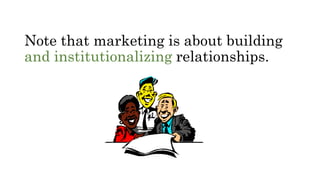 Note that marketing is about building
and institutionalizing relationships.
 