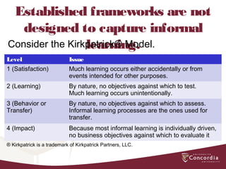 Established frameworks are not
designed to capture informal
learning.
Level Issue
1 (Satisfaction) Much learning occurs either accidentally or from
events intended for other purposes.
2 (Learning) By nature, no objectives against which to test.
Much learning occurs unintentionally.
3 (Behavior or
Transfer)
By nature, no objectives against which to assess.
Informal learning processes are the ones used for
transfer.
4 (Impact) Because most informal learning is individually driven,
no business objectives against which to evaluate it
® Kirkpatrick is a trademark of Kirkpatrick Partners, LLC.
Consider the Kirkpatrick® Model.
 