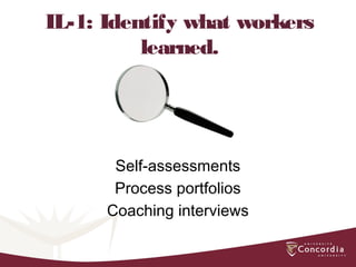 IL-1: Identify what workers
learned.
Self-assessments
Process portfolios
Coaching interviews
 