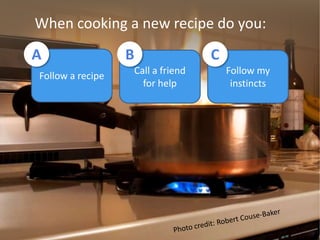 When cooking a new recipe do you:ABCFollow a recipeCall a friend for helpFollow my instinctsPhoto credit: Robert Couse-Baker