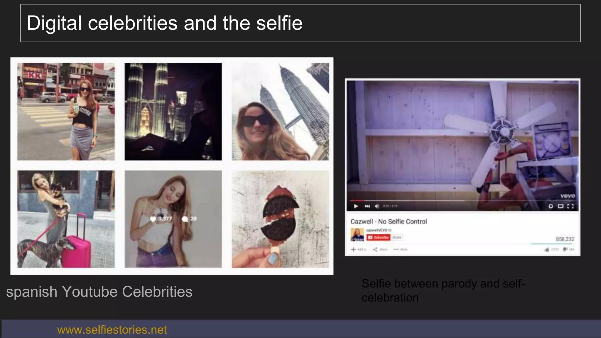 Digital celebrities and the selfie
spanish Youtube Celebrities
Selfie between parody and self-
celebration
www.selfiestories.net
 