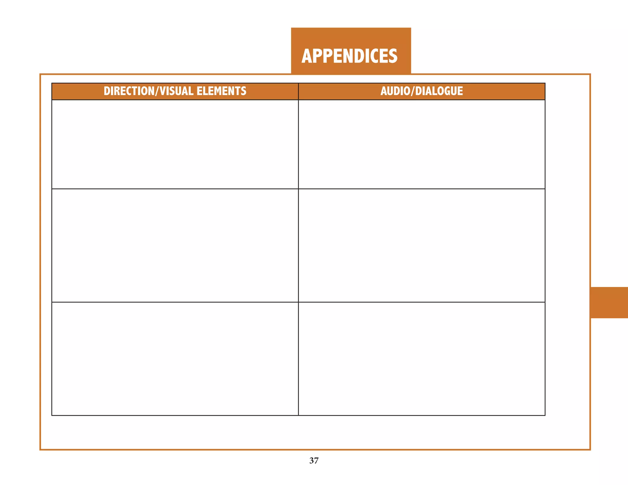APPENDICES 
DIRECTION/VISUAL ELEMENTS AUDIO/DIALOGUE 
37 
 
