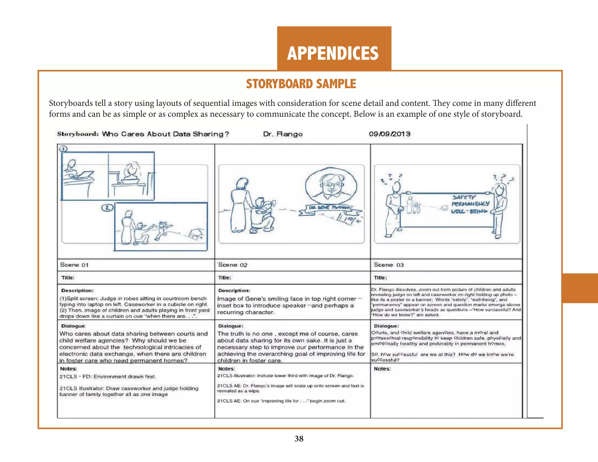 APPENDICES 
38 
STORYBOARD SAMPLE 
Storyboards tell a story using layouts of sequential images with consideration for scene detail and content. They come in many different 
forms and can be as simple or as complex as necessary to communicate the concept. Below is an example of one style of storyboard. 
 