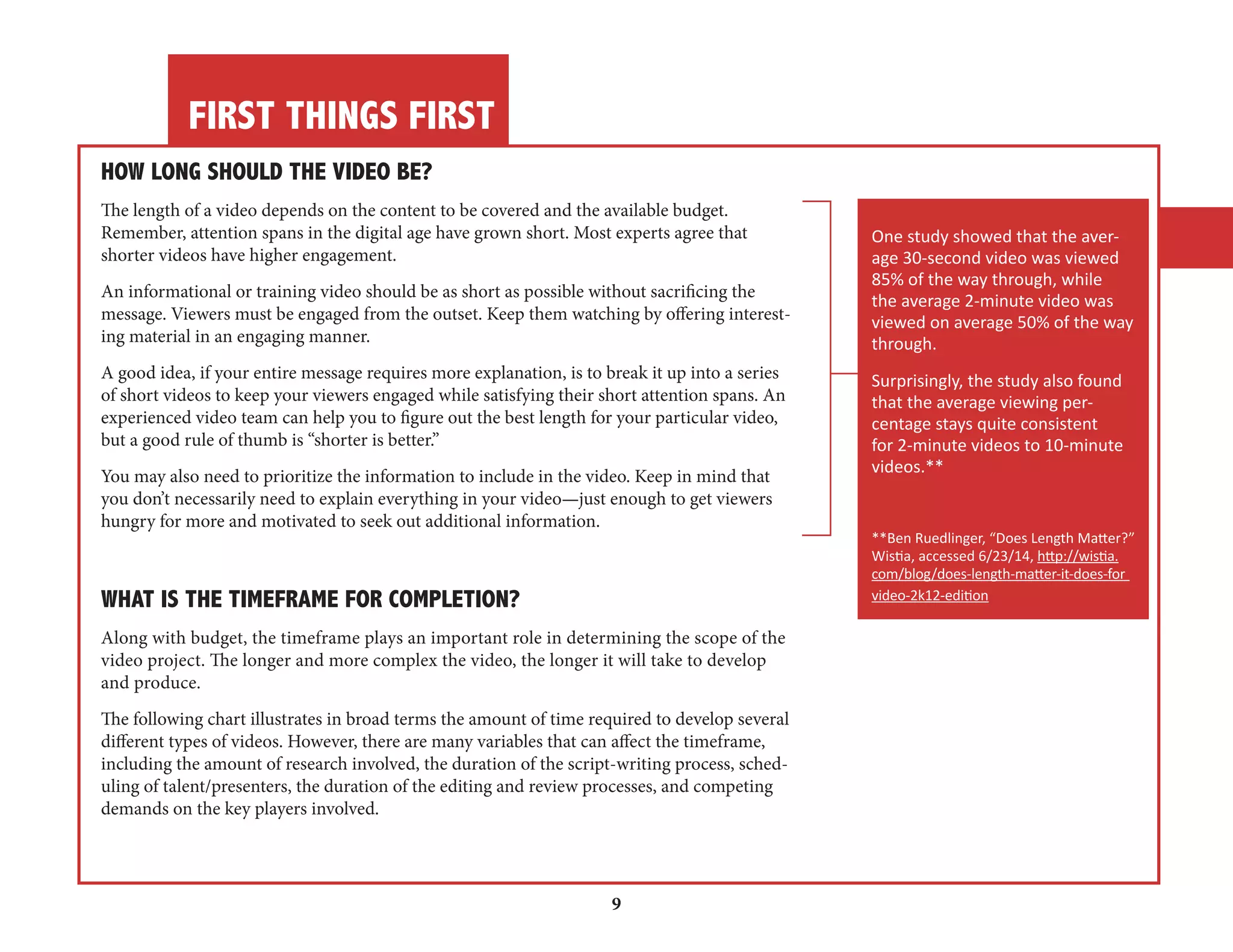 FIRST THINGS FIRST 
9 
- 
HOW LONG SHOULD THE VIDEO BE? 
The length of a video depends on the content to be covered and the available budget. 
Remember, attention spans in the digital age have grown short. Most experts agree that 
shorter videos have higher engagement. 
An informational or training video should be as short as possible without sacrificing the 
message. Viewers must be engaged from the outset. Keep them watching by offering interesting 
material in an engaging manner. 
A good idea, if your entire message requires more explanation, is to break it up into a series 
of short videos to keep your viewers engaged while satisfying their short attention spans. An 
experienced video team can help you to figure out the best length for your particular video, 
but a good rule of thumb is “shorter is better.” 
You may also need to prioritize the information to include in the video. Keep in mind that 
you don’t necessarily need to explain everything in your video—just enough to get viewers 
hungry for more and motivated to seek out additional information. 
WHAT IS THE TIMEFRAME FOR COMPLETION? 
Along with budget, the timeframe plays an important role in determining the scope of the 
video project. The longer and more complex the video, the longer it will take to develop 
and produce. 
The following chart illustrates in broad terms the amount of time required to develop several 
different types of videos. However, there are many variables that can affect the timeframe, 
including the amount of research involved, the duration of the script-writing process, scheduling 
of talent/presenters, the duration of the editing and review processes, and competing 
demands on the key players involved. 
One study showed that the aver-age 
30-second video was viewed 
85% of the way through, while 
the average 2-minute video was 
viewed on average 50% of the way 
through. 
Surprisingly, the study also found 
that the average viewing per-centage 
stays quite consistent 
for 2-minute videos to 10-minute 
videos.** 
**Ben Ruedlinger, “Does Length Matter?” 
Wistia, accessed 6/23/14, http://wistia. 
com/blog/does-length-matter-it-does-for 
video-2k12-edition 
 