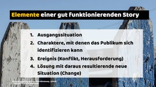 ERFOLFgsbild
Beginnen Sie mit dem Ziel Im Sinn
1. Ausgangssituation
2. Charaktere, mit denen das Publikum sich
identiﬁzieren kann
3. Ereignis (Konﬂikt, Herausforderung)
4. Lösung mit daraus resultierende neue
Situation (Change)
Elemente einer gut funktionierenden Story
Visual Storytelling @ Pia Kleine Wieskamp , 3/2020
Foto @ Pia Kleine Wieskamp
 