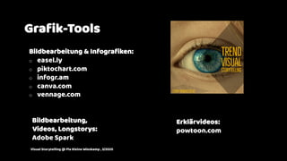 Bildbearbeitung & Infograﬁken:
o easel.ly
o piktochart.com
o infogr.am
o canva.com
o vennage.com
Erklärvideos:
powtoon.com
Bildbearbeitung,
Videos, Longstorys:
Adobe Spark
Graﬁk-Tools
Visual Storytelling @ Pia Kleine Wieskamp , 3/2020
 