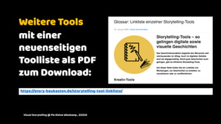 Weitere Tools
mit einer
neuenseitigen
Toolliste als PDF
zum Download:
Visual Storytelling @ Pia Kleine Wieskamp , 3/2020
https://story-baukasten.de/storytelling-tool-linkliste/
 