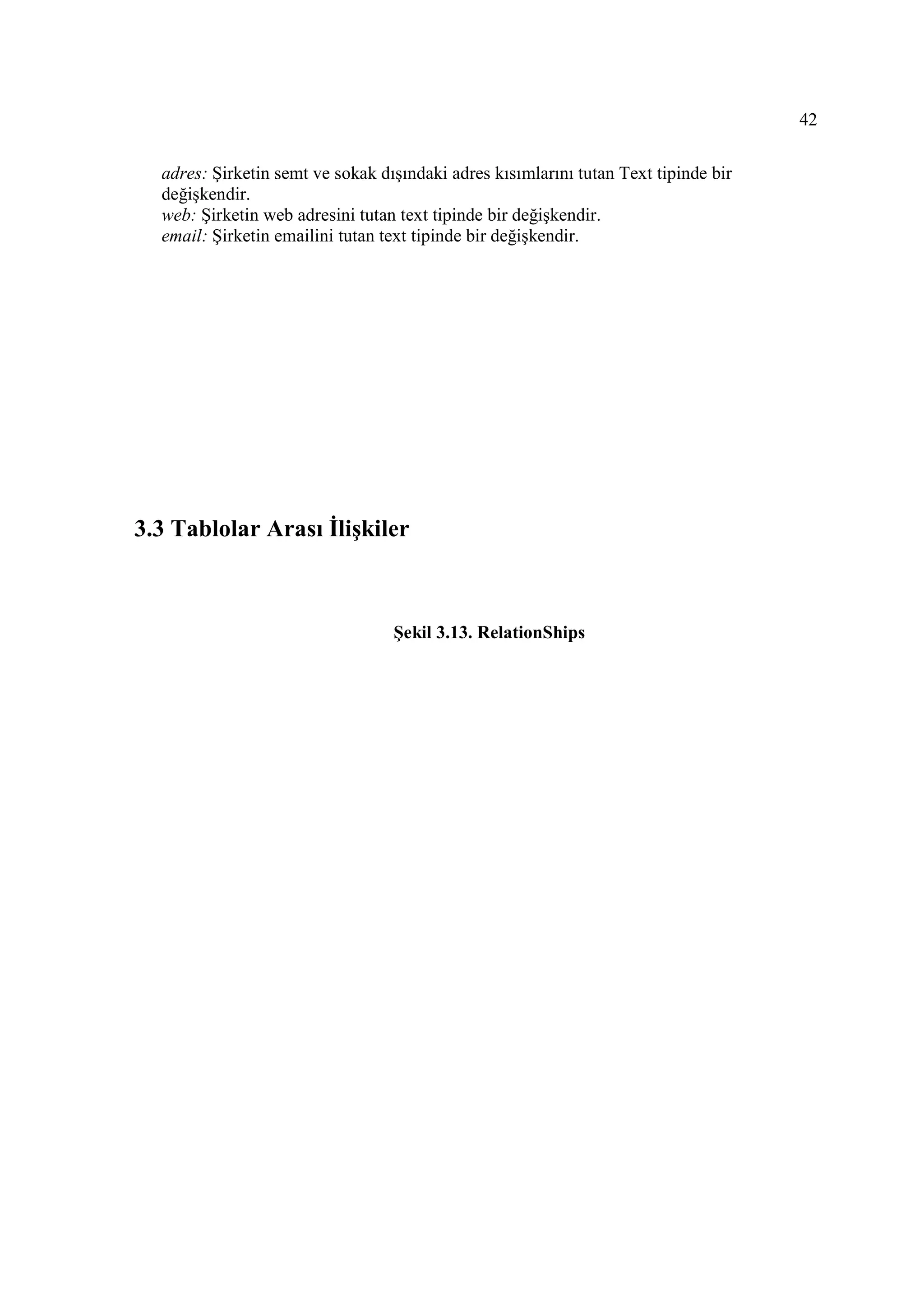 42

  adres: Şirketin semt ve sokak dışındaki adres kısımlarını tutan Text tipinde bir
  değişkendir.
  web: Şirketin web adresini tutan text tipinde bir değişkendir.
  email: Şirketin emailini tutan text tipinde bir değişkendir.




3.3 Tablolar Arası Đlişkiler



                                  Şekil 3.13. RelationShips
 