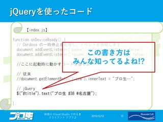 jQueryを使ったコード
2015/12/12
無償の Visual Studio で作る❢
クライアント アプリ♪
13
【index.js】
function onDeviceReady() {
// Cordova の一時停止を処理し、イベントを再開します
document.addEventListener('pause', onPause.bind(this), false);
document.addEventListener('resume', onResume.bind(this), false);
//ここに起動時に動かすコードを書くよ
// 従来
//document.getElementById("title").innerText = "プロ生…";
// jQuery
$("#title").text("プロ生 #38 @名古屋");
};
この書き方は
みんな知ってるよね!?
 