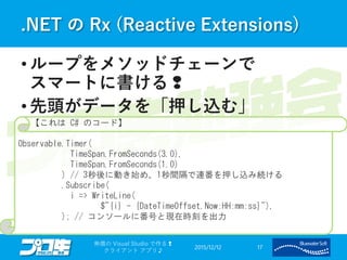 .NET の Rx (Reactive Extensions)
• ループをメソッドチェーンで
スマートに書ける❢
• 先頭がデータを「押し込む」
2015/12/12
無償の Visual Studio で作る❢
クライアント アプリ♪
17
【これは C# のコード】
Observable.Timer(
TimeSpan.FromSeconds(3.0),
TimeSpan.FromSeconds(1.0)
) // 3秒後に動き始め、1秒間隔で連番を押し込み続ける
.Subscribe(
i => WriteLine(
$"{i} - {DateTimeOffset.Now:HH:mm:ss}"),
); // コンソールに番号と現在時刻を出力
 