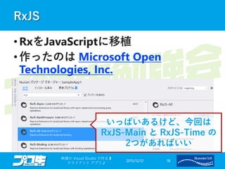 RxJS
• RxをJavaScriptに移植
• 作ったのは Microsoft Open
Technologies, Inc.
2015/12/12
無償の Visual Studio で作る❢
クライアント アプリ♪
18
いっぱいあるけど、今回は
RxJS-Main と RxJS-Time の
2つがあればいい
 