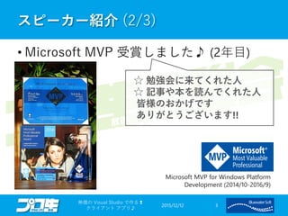 スピーカー紹介 (2/3)
• Microsoft MVP 受賞しました♪ (2年目)
2015/12/12
無償の Visual Studio で作る❢
クライアント アプリ♪
3
Microsoft MVP for Windows Platform
Development (2014/10-2016/9)
☆ 勉強会に来てくれた人
☆ 記事や本を読んでくれた人
皆様のおかげです
ありがとうございます!!
 