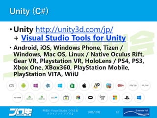 Unity (C#)
• Unity http://unity3d.com/jp/
+ Visual Studio Tools for Unity
• Android, iOS, Windows Phone, Tizen /
Windows, Mac OS, Linux / Native Oculus Rift,
Gear VR, Playstation VR, HoloLens / PS4, PS3,
Xbox One, XBox360, PlayStation Mobile,
PlayStation VITA, WiiU
2015/12/12
無償の Visual Studio で作る❢
クライアント アプリ♪
32
 