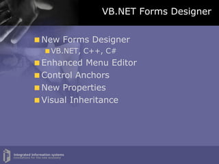 VB.NET Forms Designer New Forms Designer VB.NET, C++, C# Enhanced Menu Editor Control Anchors New Properties Visual Inheritance 