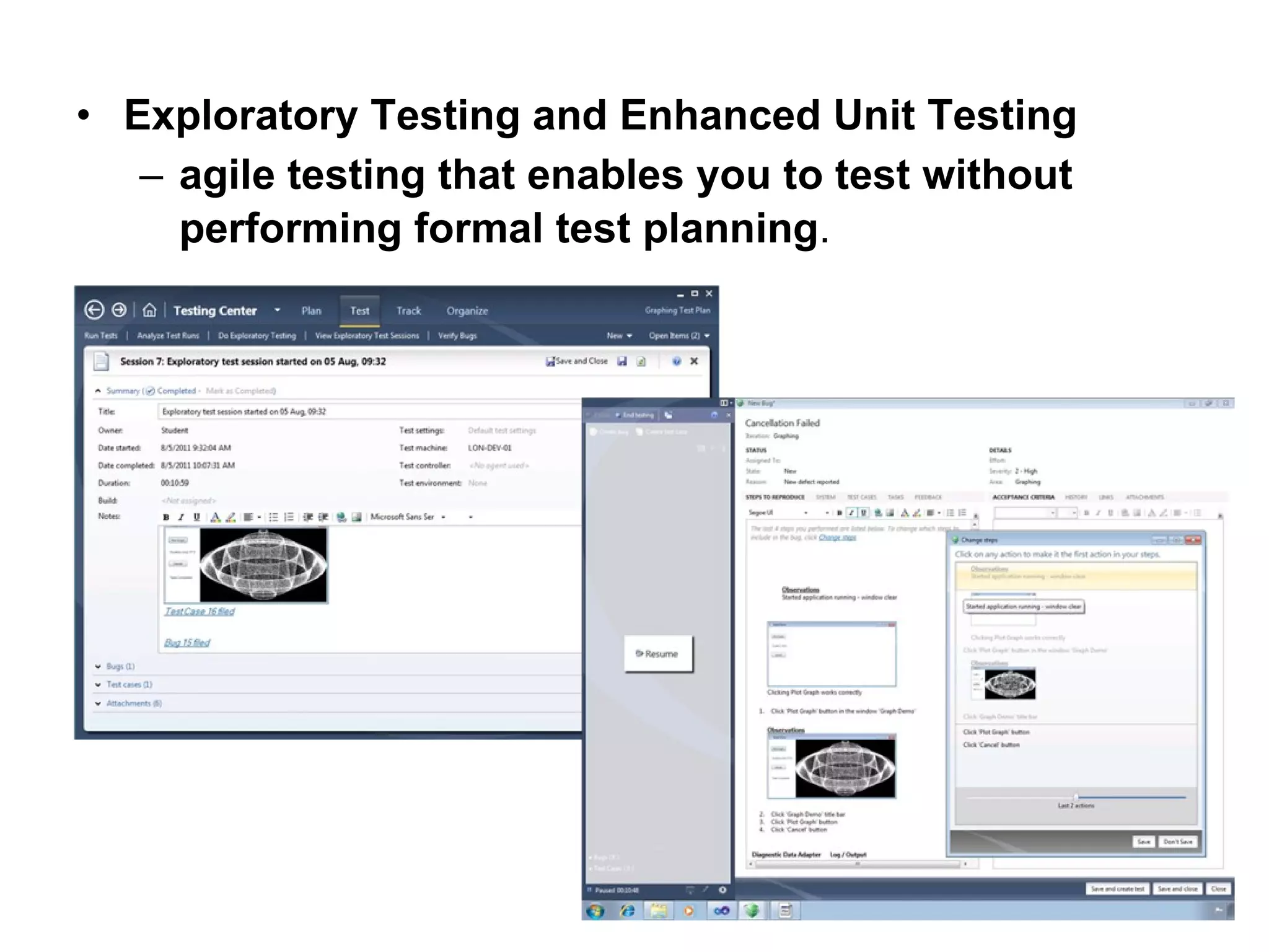 Exploratory Testing and Enhanced Unit Testing   agile testing that enables you to test without performing formal test planning .    