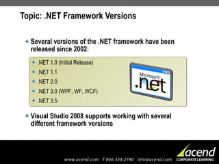 Topic: .NET Framework Versions Several versions of the .NET framework have been released since 2002: Visual Studio 2008 supports working with several different framework versions .NET 1.0 (Initial Release) .NET 1.1 .NET 2.0 .NET 3.0 (WPF, WF, WCF) .NET 3.5 