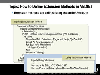 Topic: How to Define Extension Methods in VB.NET Extension methods are defined using ExtensionAttribute Namespace StringExtensions   Module StringExtensionsModule   <Extension()> _   Public Function RemoveNonAlphaNumeric(ByVal s As String) _   As String   Dim col As MatchCollection = Regex.Matches(s, "[A-Za-z0-9]")   Dim sb As New StringBuilder()   For Each m As Match In col   sb.Append(m.Value)   Next   Return sb.ToString()   End Function   End Module End Namespace Defining an Extension Method Imports StringExtensions …. Dim phone As String = "123-564-1234" Dim newPhone as String = phone.RemoveNonAlphaNumeric() Using an Extension Method 
