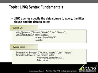 Topic: LINQ Syntax Fundamentals LINQ queries specify the data source to query, the filter clause and the data to select string[ ] states = { "Arizona", "Alaska", "Utah", "Nevada" }; var selectedStates = from s in states   where s.StartsWith("A")   select s; [Visual C#] Dim states As String() = { "Arizona", "Alaska", "Utah", "Nevada" } Dim selectedStates = From name In states _   Where name.StartsWith("A") _   Select name [Visual Basic] 