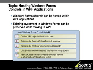 Topic: Hosting Windows Forms Controls in WPF Applications Windows Forms controls can be hosted within  WPF applications Existing investment in Windows Forms can be  preserved while moving to WPF Create a WPF project in Visual Studio 2008 1 Reference the System.Windows.Forms.dll assembly 2 Host Windows Forms Controls in WPF Reference the WindowsFormsIntegration.dll assembly 3 Drag a WindowsFormHost control onto the WPF design surface 4 Add XAML code within the WindowsFormsHost element  to reference the Windows Forms control 5 