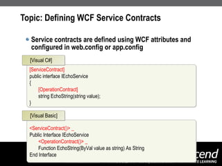 Topic: Defining WCF Service Contracts Service contracts are defined using WCF attributes and configured in web.config or app.config [ServiceContract] public interface IEchoService { [OperationContract] string EchoString(string value); } [Visual C#] <ServiceContract()> _ Public Interface IEchoService <OperationContract()> _ Function EchoString(ByVal value as string) As String End Interface [Visual Basic] 