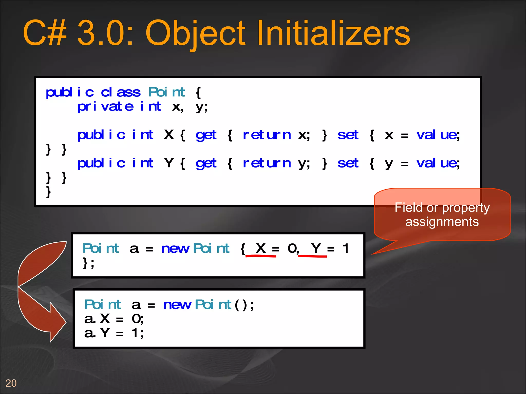 C# 3.0: Object Initializers public   class   Point  { private   int  x, y; public   int  X {  get  {  return  x; }  set  { x =  value ; } } public   int  Y {  get  {  return  y; }  set  { y =  value ; } } } Point  a =  new   Point  { X = 0, Y = 1 }; Point  a =  new   Point (); a.X = 0; a.Y = 1; Field or property assignments 