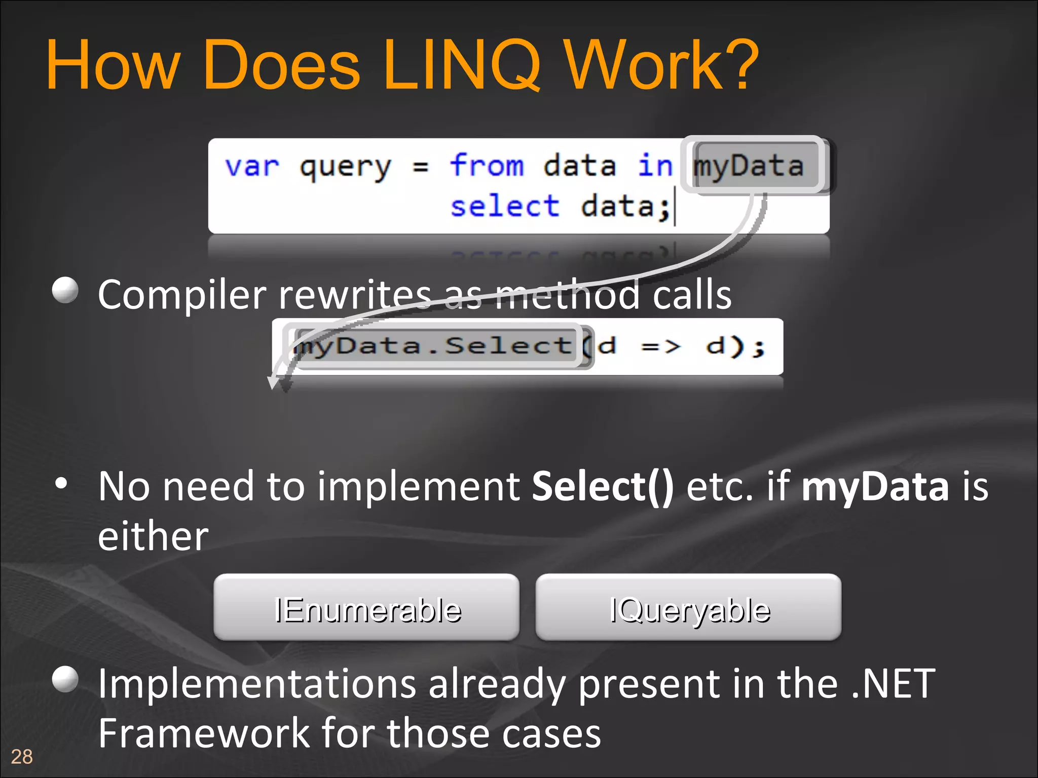 How Does LINQ Work? Implementations already present in the .NET Framework for those cases Compiler rewrites as method calls No need to implement  Select()  etc. if  myData  is either IEnumerable IQueryable 