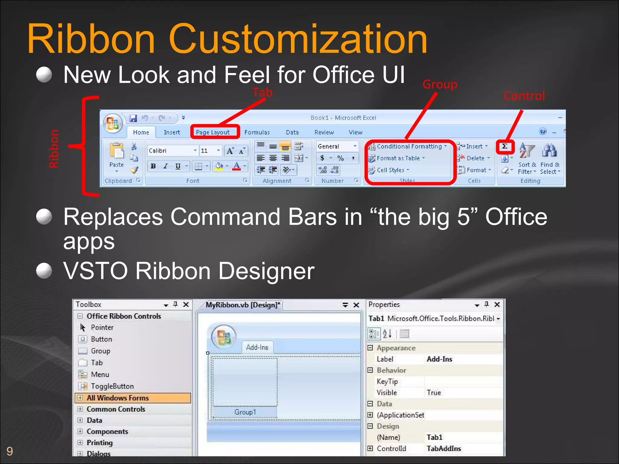 Ribbon Customization New Look and Feel for Office UI Replaces Command Bars in “the big 5” Office apps VSTO Ribbon Designer Tab Group Control Ribbon 