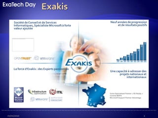 ExakisExakis,certifiéGoldPartnersur14domaines d’expertise Microsoft !Neuf années de progression et de résultats positifs- CA 2008-2009 > 25M€ - Une croissance organique de 25 à 45% par an- Dynamique d’un Groupe : I’Form (Formation); Calli (Web Agency), Teamsquare (EPM)- Partenaires financiers : Natixis Private Equity, IRDISociété de Conseil et de Services Informatiques, Spécialiste Microsoft à forte valeur ajoutéeExpertise technologique reconnue par Microsoft Conseil & - Expertises fonctionnelles (Système d’information, sécurité, WEB, conduite du changement …)La force d’Exakis : des Experts passionnés300 Experts, Chefs de projet, Consultants, Ingénieurs 