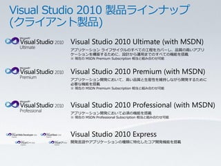 Visual Studio 2010 Ultimate (with MSDN)
アプリケーション ライフサイクルのすべての工程をカバーし、品質の高いアプリ
ケーションを構築するために、設計から運用までのすべての機能を搭載
※ 現在の MSDN Premium Subscription 相当と組み合わせ可能



Visual Studio 2010 Premium (with MSDN)
アプリケーション開発において、高い品質と生産性を維持しながら開発するために
必要な機能を搭載
※ 現在の MSDN Premium Subscription 相当と組み合わせ可能




Visual Studio 2010 Professional (with MSDN)
アプリケーション開発において必須の機能を搭載
※ 現在の MSDN Professional Subscription 相当と組み合わせ可能




Visual Studio 2010 Express
開発言語やアプリケーションの種類に特化したコア開発機能を搭載
 