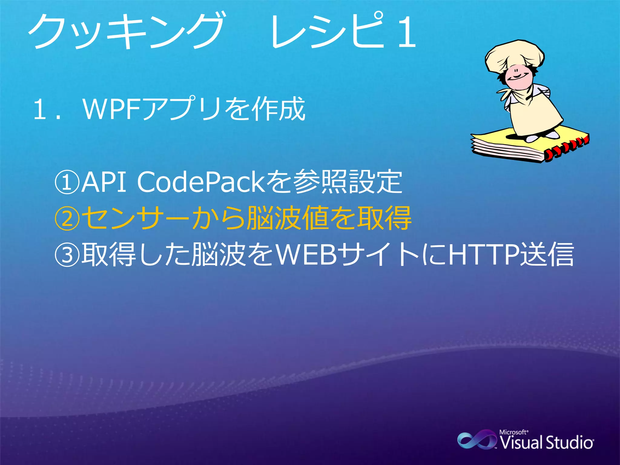 ①API CodePackを参照設定
②センサーから脳波値を取得
 